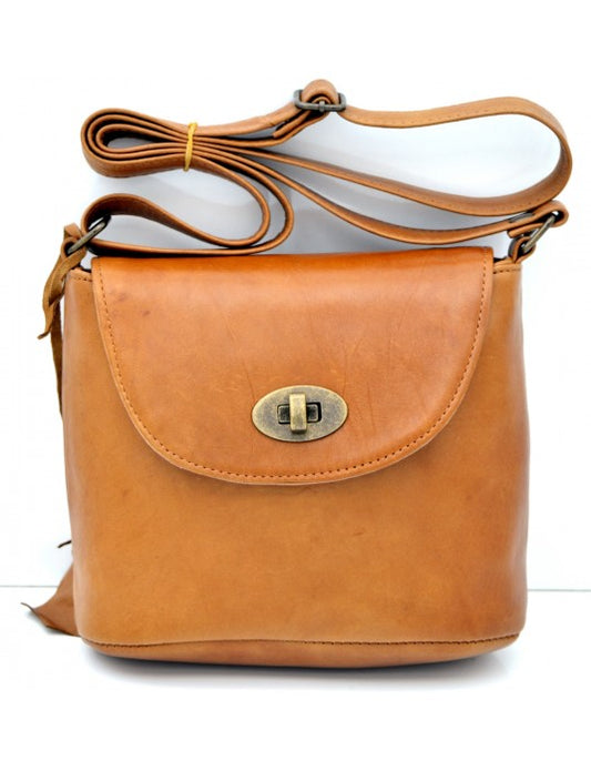 Antique Collection - Midi Crossbody & Messenger Bag with Metal Turnlock (Camel Tan)