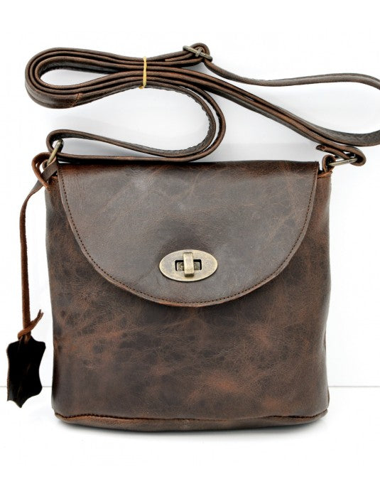 Antique Collection - Midi Crossbody & Messenger Bag with Metal Turnlock (Camel Tan)